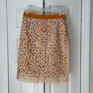 Anthropologie Lace Pencil Skirt in Cream and mustard yellow Cotton 8
